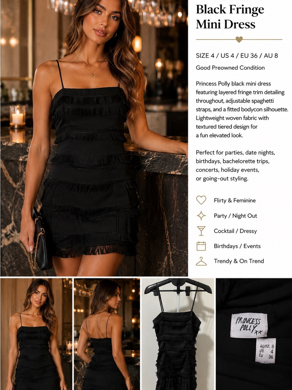 Princess Polly Black Layered Fringe Slip Dress